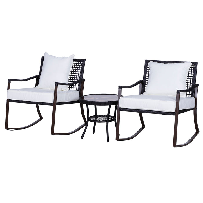 2 Seater Rattan Bistro Set - Rocking Armchairs with Pillow Cushions & Tempered Glass Coffee Table, Wicker Weave - Ideal for Cozy Patio & Garden Lounging