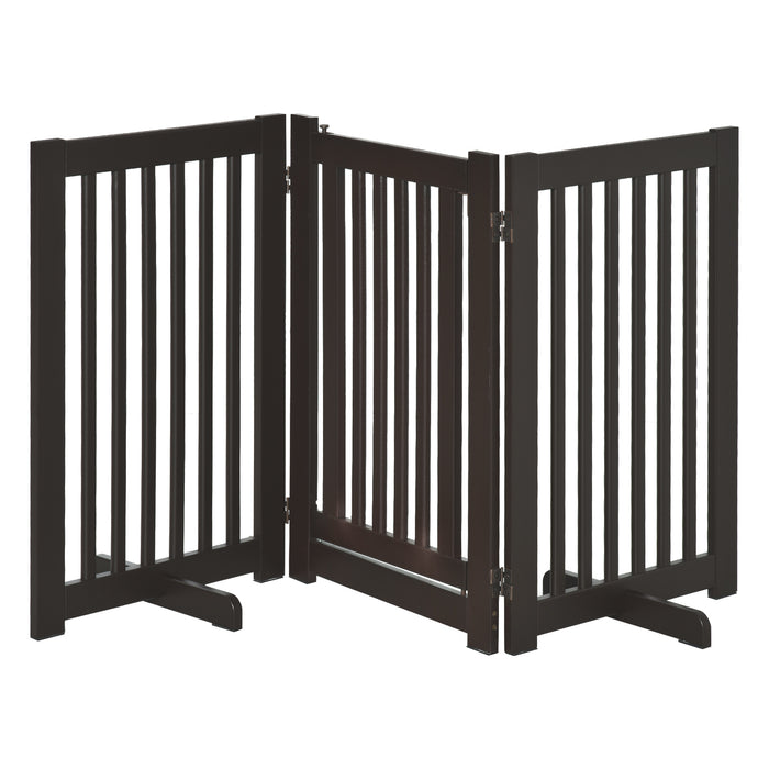 Freestanding Wooden Pet Gate with Latch - Dog Barrier for Stairs and Doorways, Foldable Safety Fence, Deep Brown, 155 x 76 cm - Ideal for Keeping Pets Secure and Safe in Home