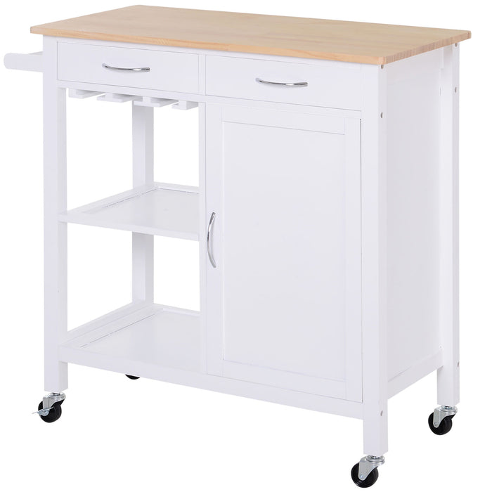 Kitchen Storage Trolley with Wheels - Rolling Cart with Shelves, Drawers, Towel Rail, and Wine Glass Rack - White Island Cupboard with Pine Wood Worktop for Space-Saving Organization