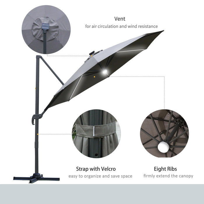 Cantilever Roma Umbrella with LED Solar Light - 3m Outdoor Patio Sun Shade, Cross Base, 360° Rotation, Grey - Ideal for Garden Illumination and Protection