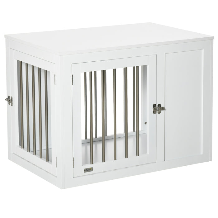 End Table Dog Crate with Style - Dual-Door Lockable Indoor Kennel for Medium Dogs - Decorative Puppy Home Furniture in White