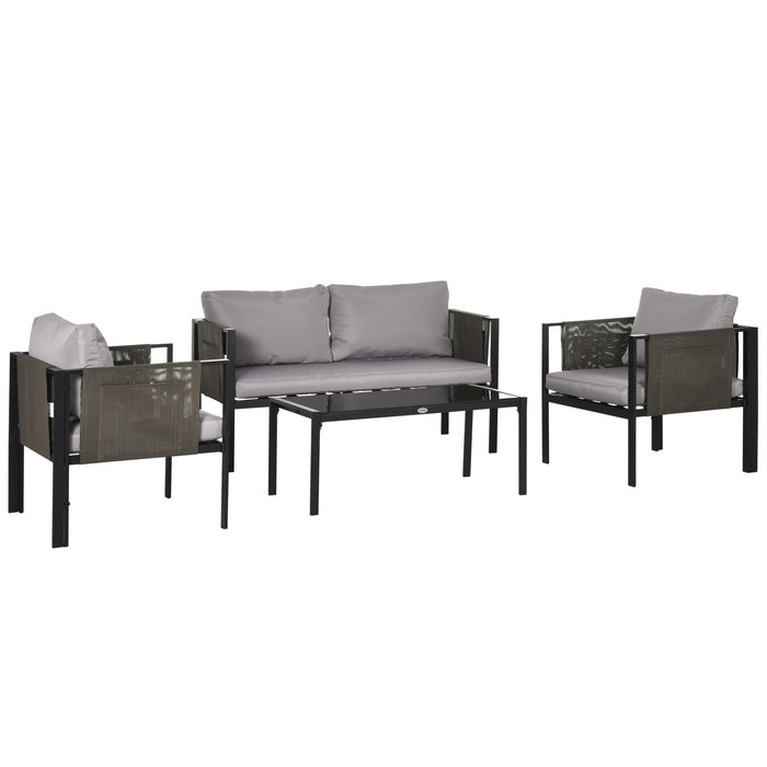 4-Piece Metal Garden Furniture Set - Tempered Glass Top Coffee Table & Comfy Loveseat with Single Armchairs - Ideal for Patio Relaxation and Outdoor Entertainment