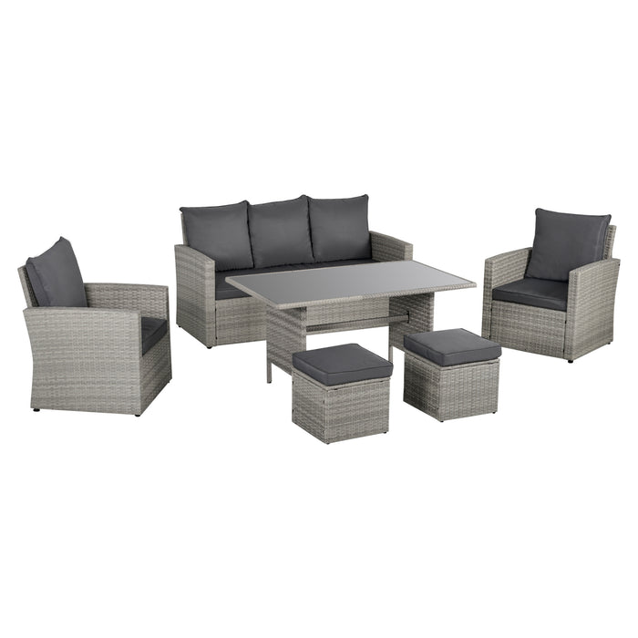 6-Piece Patio Dining Set - Outdoor PE Rattan Wicker Furniture with Tempered Glass Table and Grey Cushions - Ideal for Garden and Backyard Entertaining