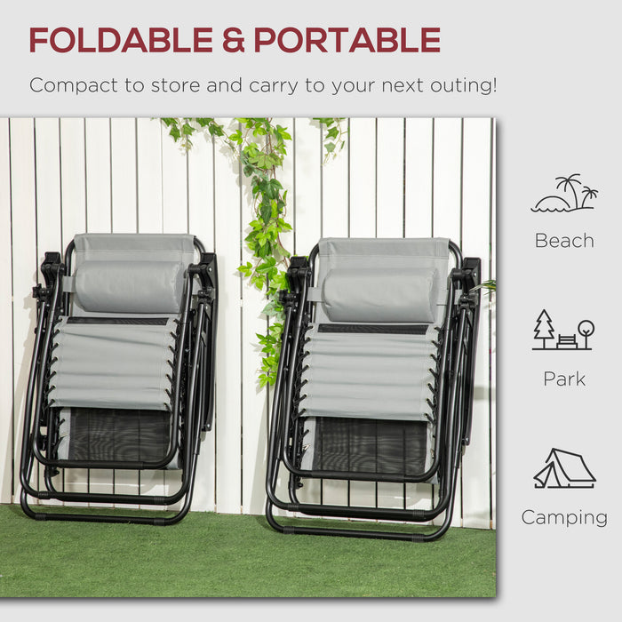 Outdoor Zero Gravity Recliner Chairs (Set of 2) - Foldable Design with Footstool and Detachable Headrest, Grey - Ideal for Patio and Garden Relaxation