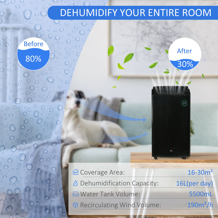 5500mL Large-Capacity Dehumidifier with Built-in Air Purifier - UVC Sterilization, Ionizer, 24-Hour Timer, 5 Operating Modes, 16L Daily Extraction - Ideal for Home Laundry Use, Sleek Black Design