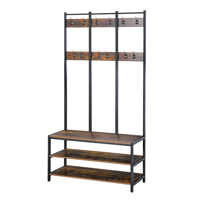 Free Standing Hall Tree with Shoe Bench - Coat Rack with Hooks in Rustic Brown & Black, 100x40x184cm - Ideal for Entryway Organization and Storage