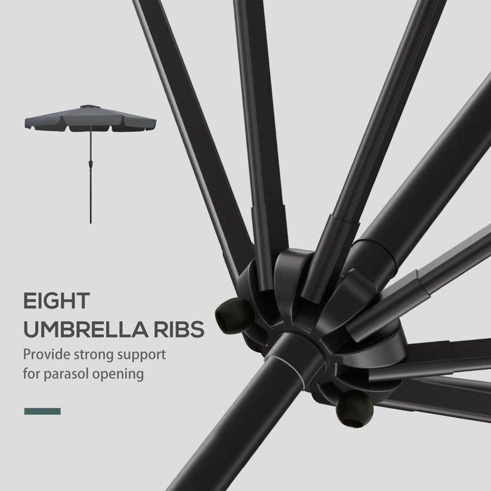 2.7m Patio Parasol with Tilt and Crank - Outdoor Garden Umbrella, 8 Ribs, Ruffles, Sun Shade, Black - Ideal for Outdoor Dining and Lounging