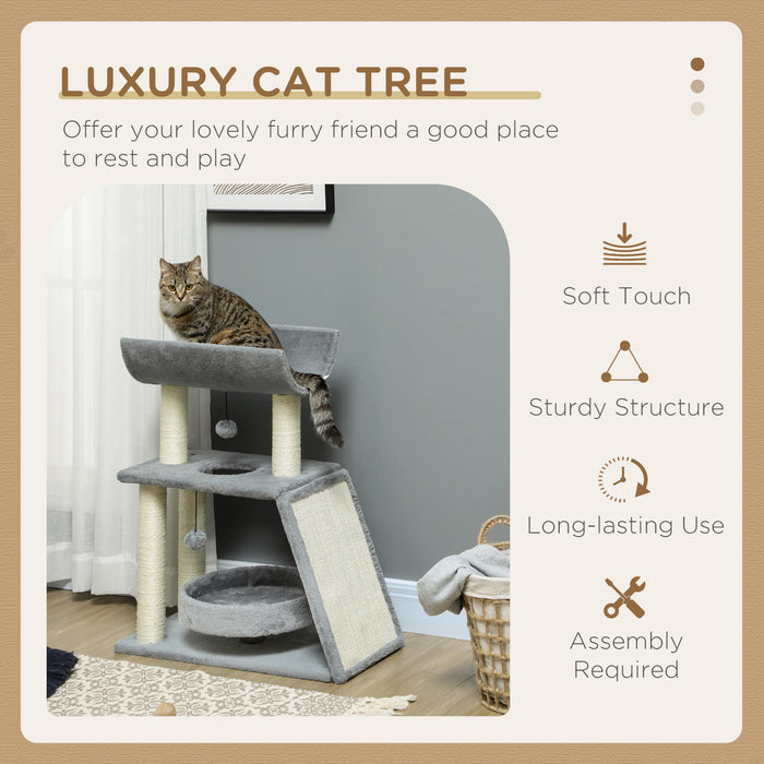 Cat Tree Tower with Multiple Features - Scratching Posts, Cushioned Pad, Cozy Bed, Elevated Perch & Playful Toy Ball - Perfect for Play & Rest for Felines