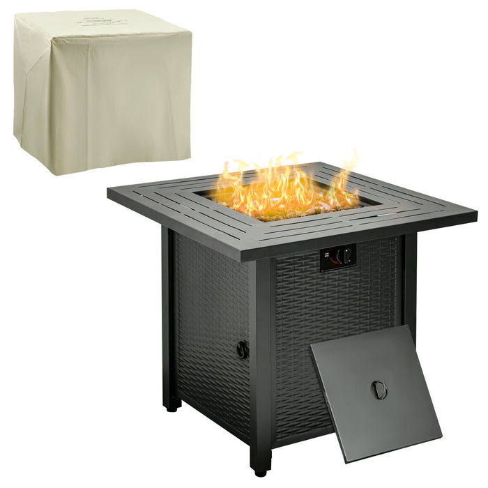 40000 BTU Rattan Square Propane Gas Fire Pit Table - Smokeless Patio Heater with Lava Rocks, Lid, and Protective Cover - Ideal for Outdoor Entertaining and Relaxation