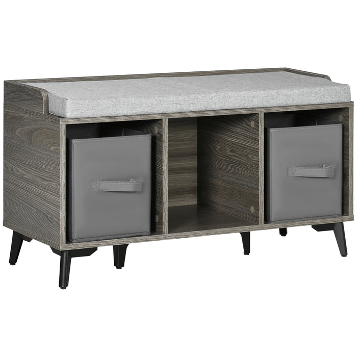 Upholstered Entryway Shoe Bench - Cushioned Seating with 3 Compartments & 2 Drawers Storage Organizer, Grey - Ideal for Home Entrance and Organization