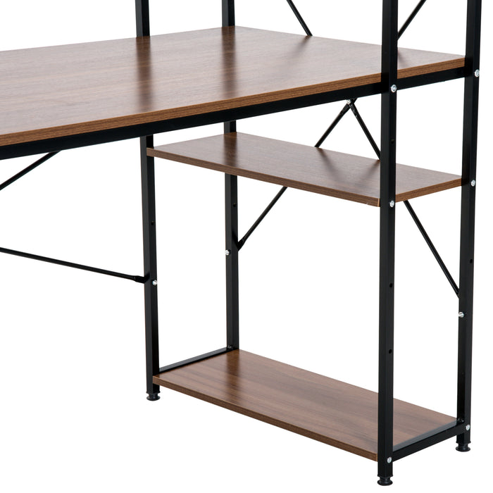 4-Tier Bookshelf Computer Desk - Sturdy Metal Frame with Wooden Top, Home Office Workstation in Walnut & Black - Ideal for Students & Remote Workers