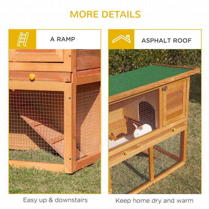 Double Decker Wooden Hutch for Rabbits and Guinea Pigs - 2-Tier Pet Cage with Sliding Tray and Opening Top - Ideal for Small Animal Housing and Easy Maintenance