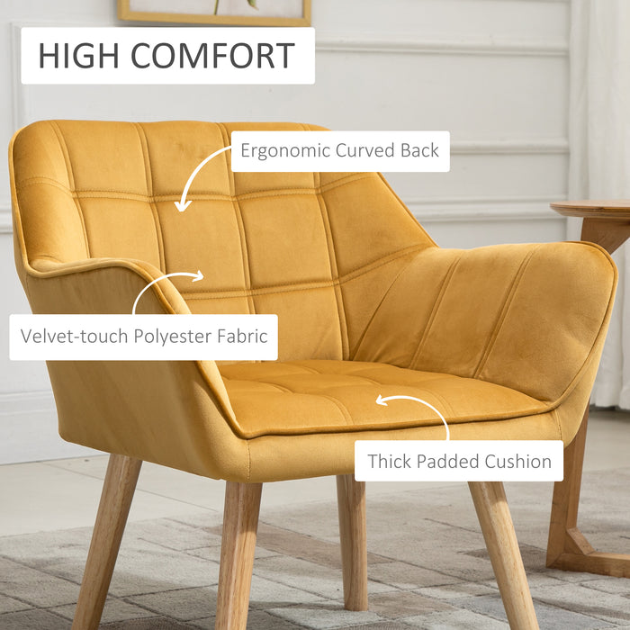 Accent Armchair with Wide Arms and Slanted Back - Padded Seat, Iron Frame and Wooden Legs in Yellow - Modern Bedroom Furniture Seating for Home, Set of 2