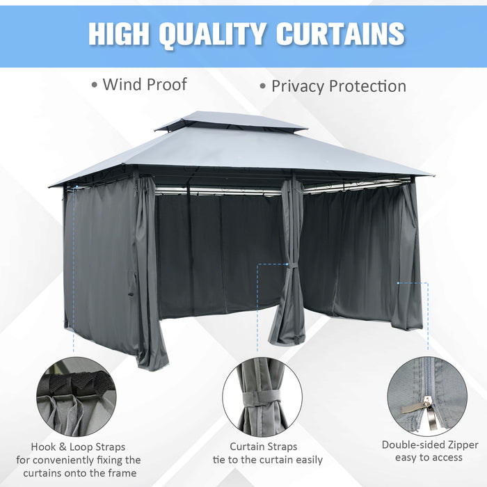 2-Tier Steel Frame Gazebo, 10 x 13ft, with Curtains - Sturdy Outdoor Shelter for Backyard, Black/Grey - Ideal for Garden Parties & Relaxation