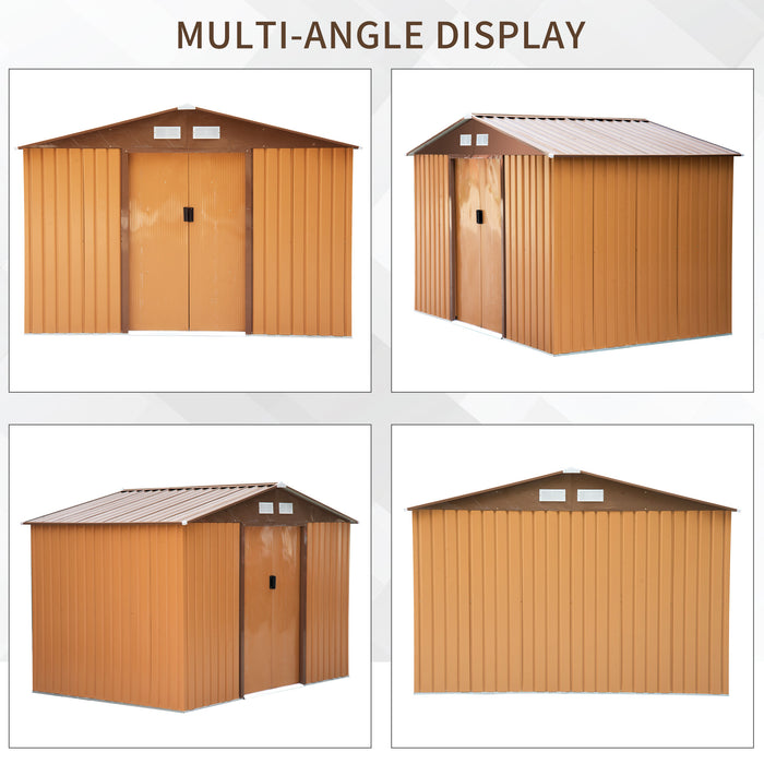 Outdoor Metal Garden Shed 9x6 FT - Yellow Storage Unit with Foundation, Ventilation & Double Doors - Ideal for Tools and Equipment Secure Storage