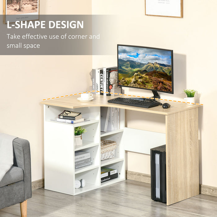 L-Shaped Corner Desk for Home Office - Study Table with Storage Shelf, PC Workstation in Oak and White - Ideal for Small Spaces and Productivity Boost