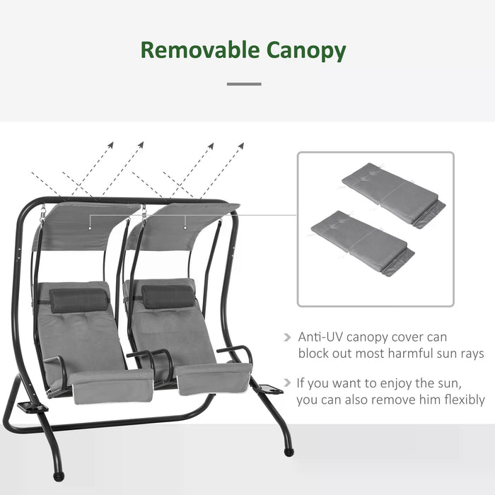 Double Seat Swing Chair - Contemporary 2-Person Garden Swing with Handrails, Headrests & Detachable Canopy in Grey - Outdoor Leisure & Comfort for Couples or Friends