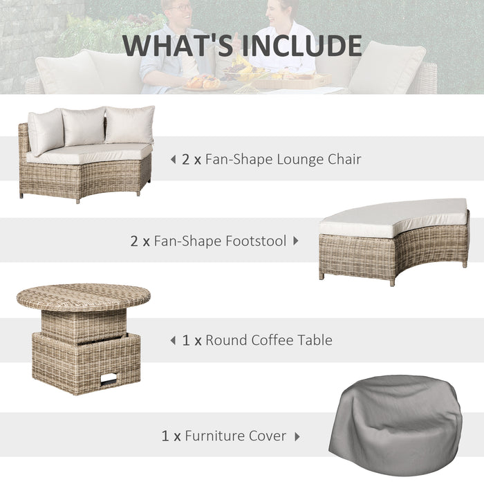 Outdoor Rattan Daybed and Lounge Set - 6-Seater PE Rattan Furniture with Liftable Coffee Table, Olefin Cushions - Ideal for Patio Socializing and Relaxation