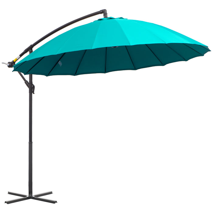 Cantilever Shanghai Parasol - 3m Outdoor Hanging Banana Sun Umbrella with Easy Crank Handle, 18-Sturdy Ribs, Cross Base - Ideal for Garden Shade & Sun Protection, Turquoise