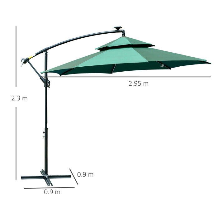 Cantilever 3m Banana Hanging Parasol - Double Roof Design with Solar LED Lights & Crank Mechanism, 8 Robust Ribs - Ideal Outdoor Shade for Patio or Garden