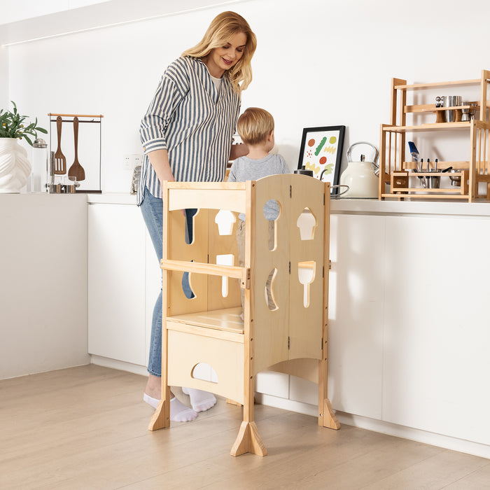 Adjustable Height Kids Step Stool - Folding Design with Safety Latches, Natural Finish - Ideal for Child Independence & Safety