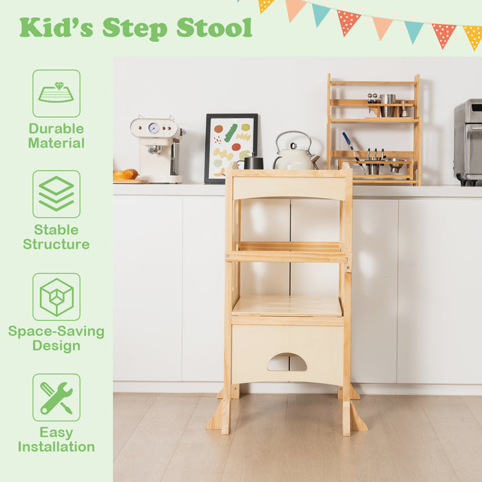 Adjustable Height Kids Step Stool - Folding Design with Safety Latches, Natural Finish - Ideal for Child Independence & Safety