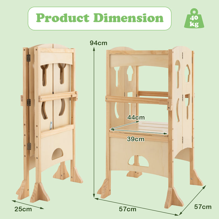 Adjustable Height Kids Step Stool - Folding Design with Safety Latches, Natural Finish - Ideal for Child Independence & Safety