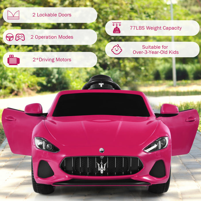 Maserati Toy Vehicle, 12V Battery Powered - Pink Kid's Ride-on Car, Electric Motor - Ideal for Children's Outdoor Play and Motor Skill Development