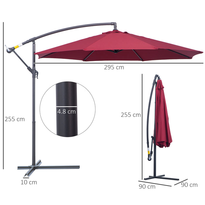 3m Garden Banana Parasol - Hanging Cantilever Umbrella with Crank Handle, Cross Base, Wine Red - Ideal for Outdoor Sunshade and Patio Use