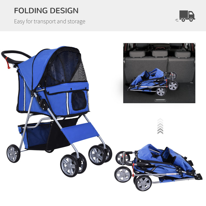 Foldable Dog and Cat Stroller with Zipper Entry - Portable Pet Carriage for Small Miniature Animals, Smooth Wheels, Storage Basket - Ideal for Travel and Outdoor Use with Convenient Cup Holder