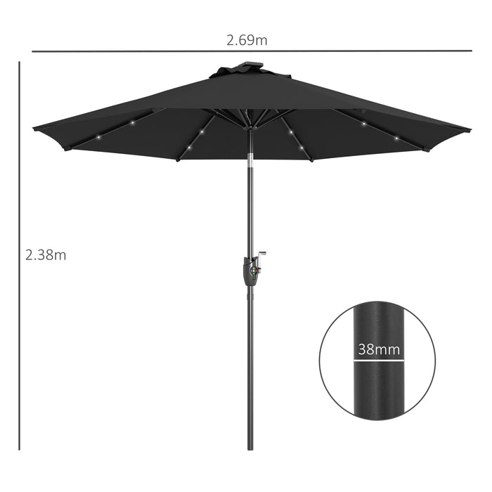 Outdoor Tilt Sun Umbrella with Solar-Powered LED Lights - Φ2.7m Garden Parasol, Hand Crank, 8 Ribs, Patio Sun Shade in Black - Ideal for Nighttime Entertainment & Daytime Relaxation