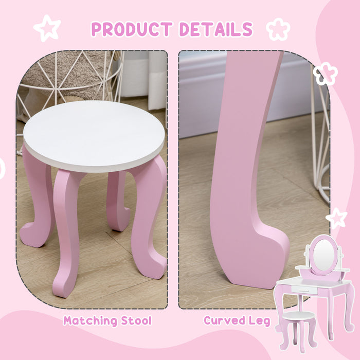 Kids Vanity Set with Stool and Mirror - Girls Pink Dressing Table with Drawer, Round Legs - Makeup Desk for Ages 3-6 Years Old