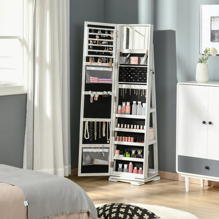 Rotating Jewelry Armoire with Full-Length Mirror - Lockable Storage Organizer with Built-In Small Mirror, White - Ideal for Safekeeping and Accessorizing