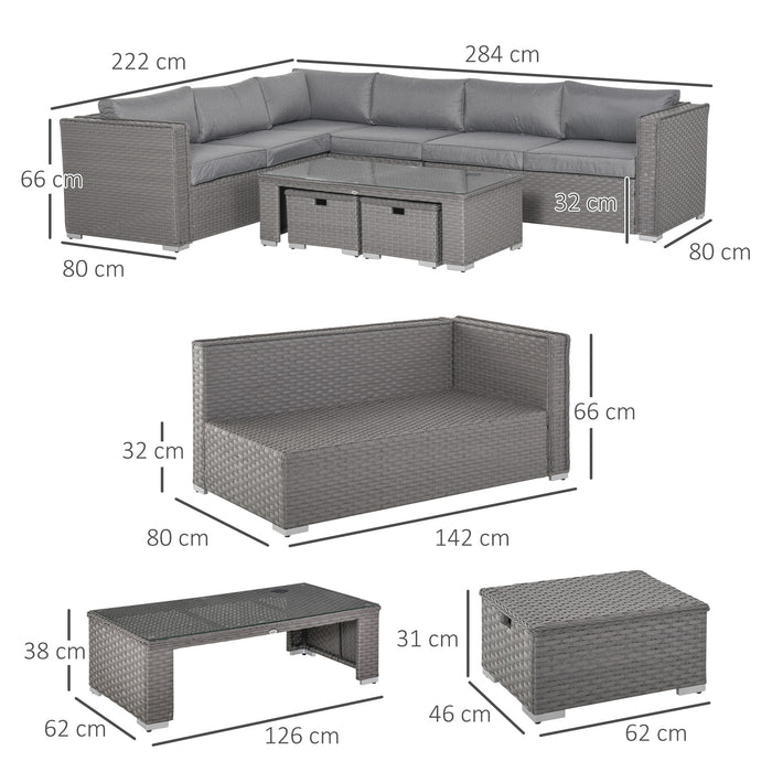 8-Seater PE Rattan Garden Sofa Set - Outdoor Corner Wicker Ensemble with Coffee Table & Footstool, Grey - Perfect for Patio and Conservatory Spaces