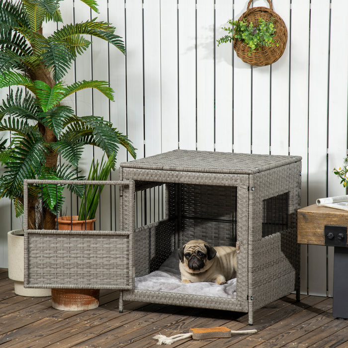 Wicker Dog Cage with Lockable Door - Comfy Small Dog Crate with Soft Washable Cushion, 62x59x66cm - Ideal for Secure & Comfortable Pet Housing, Grey