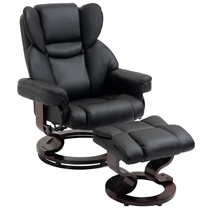 Reclining Swivel Armchair with Footstool - Padded PU Leather Manual Recliner, Metal Frame with Bentwood Base - Comfortable Seating Solution for Relaxation in Black