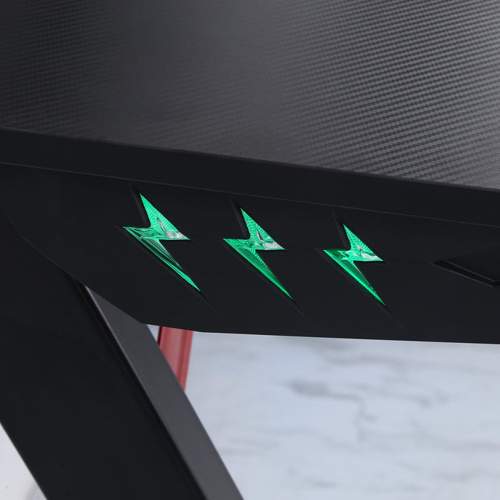 Gaming Desk with LED Ambiance - Z-Shaped Workstation with Built-in Cup Holder and Headphone Hook - Perfect for Home Office and Gaming Enthusiasts