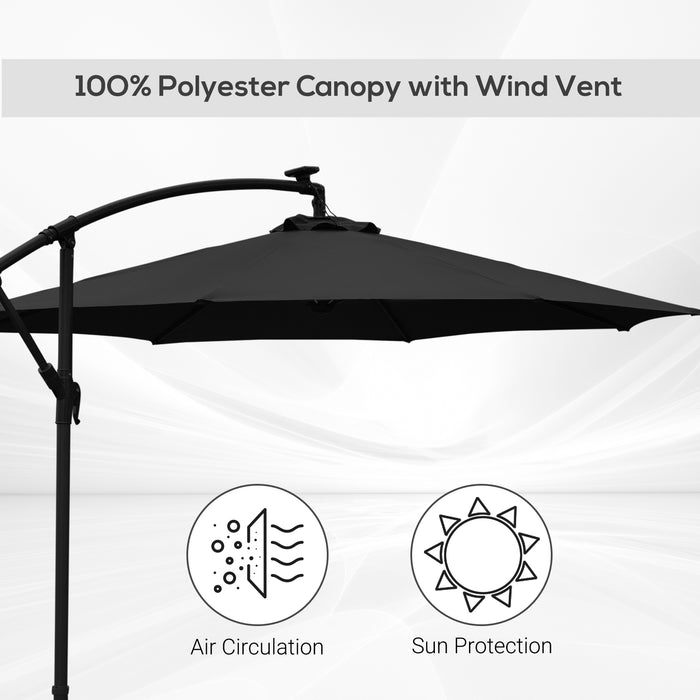 LED Solar-Lit Banana Parasol - 3m Cantilever Garden Umbrella with Crank Handle and Cross Base - Stylish Hanging Sunshade for Outdoor Relaxation