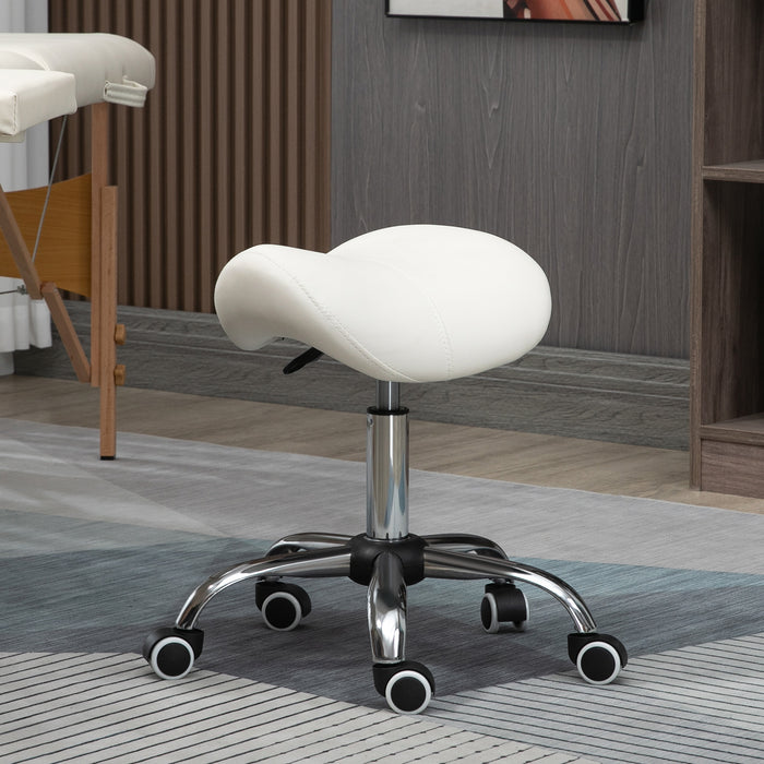 360° Rotating Adjustable Cosmetic Stool - Comfortable Cream Faux Leather Saddle Seat with Hydraulic Lift and Rolling Base - Ideal for Salon, Spa, and Massage Therapists