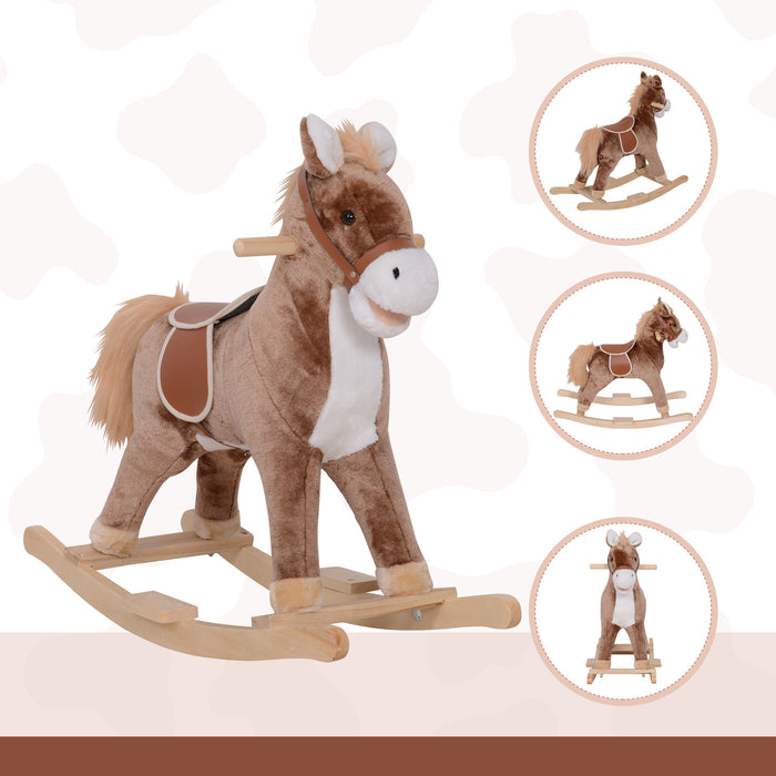 Plush Brown & White Rocking Horse for Kids - Soft Toy Ride with Sturdy Wood Base - Classic Children’s Nursery Decor and Playroom Entertainment