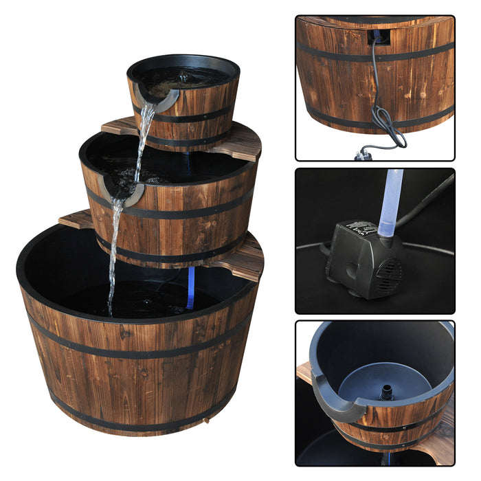 Rustic Wooden Barrel Water Fountain - 3-Tier Cascading Pump Feature for Garden and Deck - Enhances Outdoor Ambiance