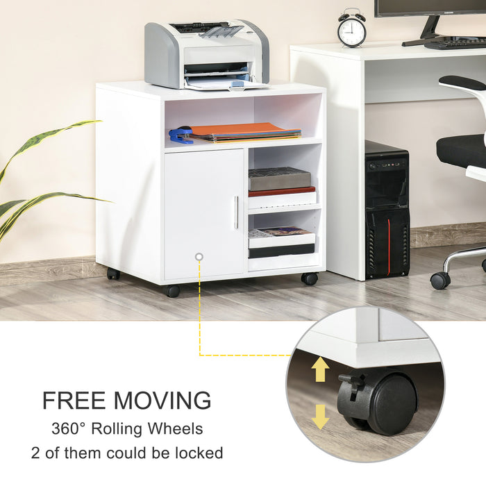 Mobile Printer Stand with Multi-Storage - Office Desk Side Organizer with Wheels, Modern Design, 60L x 50W x 65.5H cm - Ideal for Workspace Organization and Mobility in White