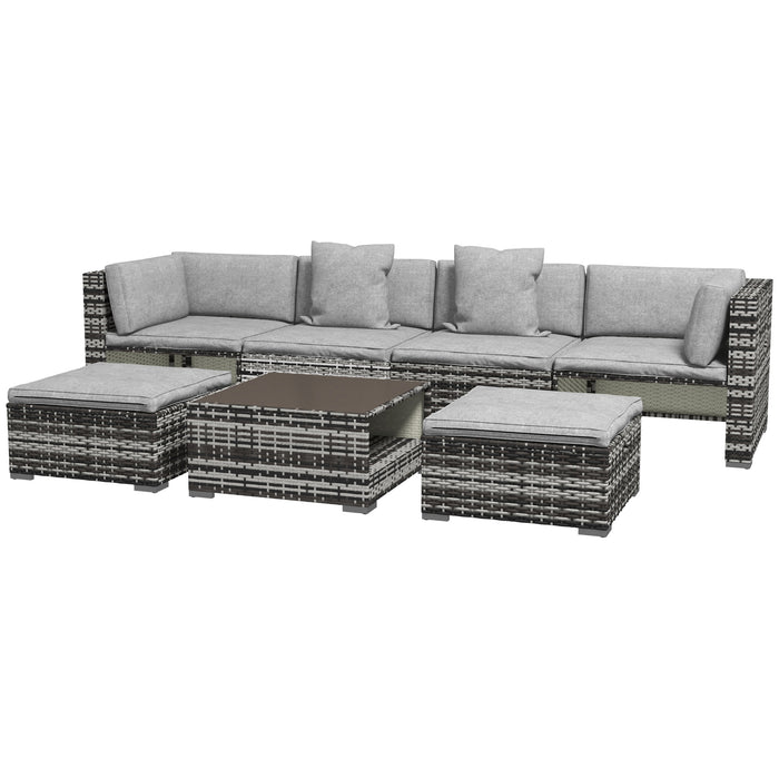 7-Piece Rattan Outdoor Ensemble - Sofa, Footstools, Coffee Table with Side Shelves, Comfy Cushions & Pillows, Mixed Grey - Ideal for Patio Relaxation & Entertaining