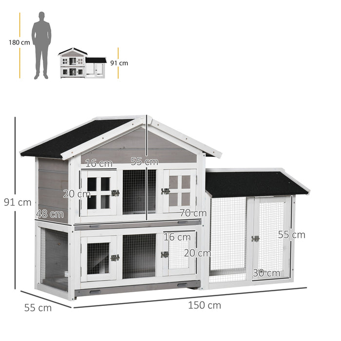 2 Tier Wooden Rabbit Hutch with Slide-Out Tray and Ramp - Spacious Guinea Pig Cage and Bunny Run for Small Animals - Ideal for Indoor and Outdoor Pet Shelter, 150x55x91cm, Grey