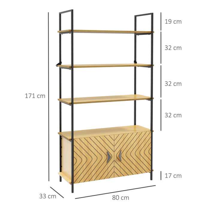 4-Tier Industrial Bookshelf with Cabinet - Oak-Toned Shelving Unit with Metal Frame and Double Doors - Versatile Storage for Living Room or Bedroom