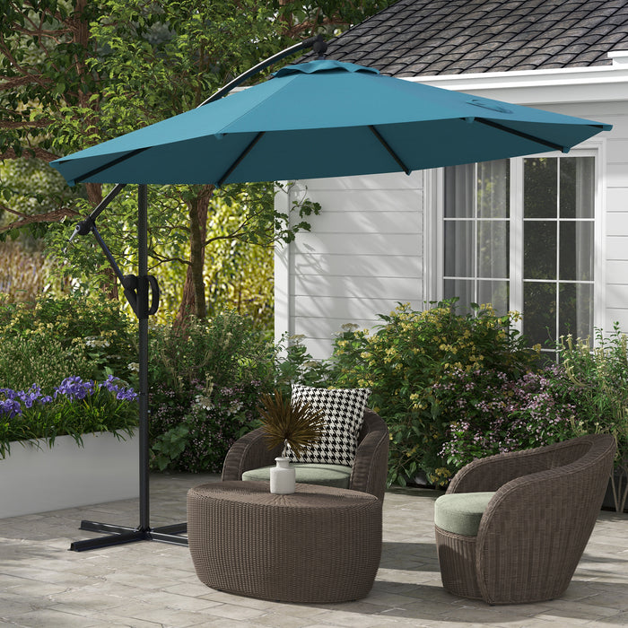 Cantilever 3m Banana Parasol with Cross Base - Round Hanging Patio Umbrella with Crank Handle, Tilt, and 8 Ribs - Ideal Shade for Outdoor Pool, Garden, Balcony in Blue