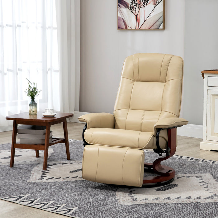 Faux Leather Swivel Recliner Chair with Wooden Base - Upholstered Reclining Armchair for Living Room and Bedroom - Comfortable Seating Solution in Cream