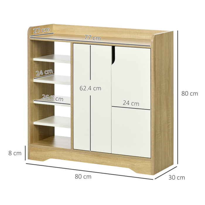 Double-Door Shoe Cabinet with Open Shelving - 13-Pair Entryway and Hallway Organizer in Natural and White - Space-Saving Footwear Storage Solution