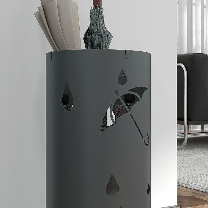 Round Freestanding Umbrella Stand with Drip Tray - Hallway and Entryway Dark Grey Umbrella Holder with 4 Hooks - Keeps Floors Dry and Organizes Umbrellas