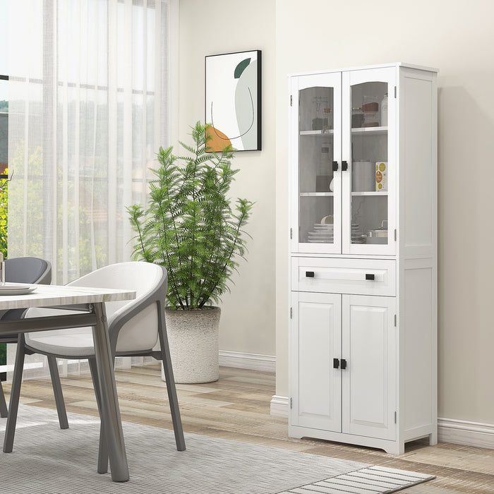 Freestanding Kitchen Storage Cabinet - 2 Adjustable Shelves, Drawer, Glass Door, 160cm in White - Ideal for Dining and Living Room Organization